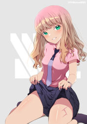 Rule 34 | 1girl, absurdres, bare legs, black skirt, blush, brown hair, clothes lift, commentary, green eyes, gridman universe, gridman universe (film), highres, long hair, looking at viewer, minami yume, necktie, on kazu, pink shirt, scar, shirt, skirt, skirt lift, smile, solo focus, ssss.dynazenon, thick thighs, thighs