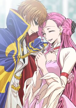 1boy 1girl arm_around_neck blue_cape breasts brown_hair cape cleavage closed_eyes code_geass commentary_request donut_hair_bun dress earrings euphemia_li_britannia green_eyes hair_bun hetero highres jacket jewelry kudou_masashi kururugi_suzaku medium_breasts pink_dress pink_hair single_side_bun smile two-sided_cape two-sided_fabric white_jacket