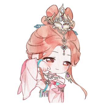 Rule 34 | 1girl, artist request, bare shoulders, bow-shaped hair, bracelet, brown eyes, chinese clothes, chinese hairpin, closed mouth, collar, cropped torso, dancing, detached collar, detached sleeves, dress, earrings, eyelashes, forehead jewel, frilled sleeves, frills, gold earrings, gold necklace, hair bun, hair ornament, half-closed eyes, happy, hoop earrings, infinity nikki, jewelry, light blush, long sidelocks, long sleeves, looking to the side, mandarin collar, moonlit immortal (infinity nikki), necklace, nikki (series), official art, orange hair, painterly, pink collar, pink dress, pink sleeves, short hair with long locks, sidelocks, single hair bun, smile, solo, sticker (medium), strapless, strapless dress, transparent background, updo, wide sleeves