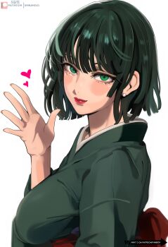 1girl absurdres blush breasts closed_mouth commentary earrings from_side fubuki_(one-punch_man) green_eyes green_hair green_kimono heart highres japanese_clothes jewelry kimono lady_shin large_breasts looking_at_viewer one-punch_man open_hand red_sash sash short_hair smile solo stud_earrings upper_body