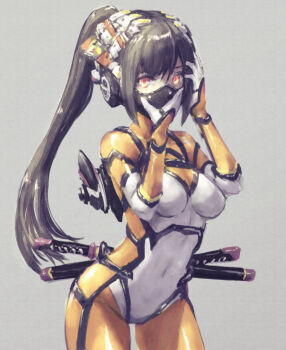 armor bodysuit cyber headphones highres katana latex long_hair mask otn_mask ponytail rubber sword tight_clothes weapon yellow_eyes yumikoyama49
