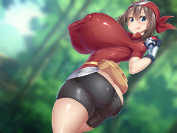 1girl alternate_breast_size_(larger) ass bandana black_shorts blue_eyes blurry blurry_background breasts brown_hair covered_erect_nipples curvy fanny_pack gloves highres holding holding_poke_ball huge_ass huge_breasts kawahagitei looking_at_viewer may_(pokemon) nintendo outdoors pants poke_ball poke_ball_(basic) pokemon pokemon_rse red_bandana red_headwear red_shirt shiny_clothes shiny_skin shirt short_sleeves shorts smile solo spandex thick_thighs thighs tight_clothes tight_pants tight_shirt tongue tongue_out