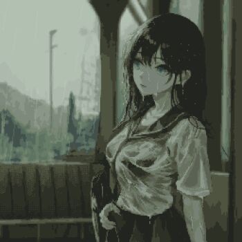 1girl daisen_(specialdaisen) dithering expressionless looking_afar non-web_source original partially_colored pixel_art rain school_uniform wet wet_clothes wet_hair