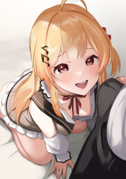 1boy 1girl :d ahoge arou_(arrow_x666) ass beamed_eighth_notes black_pants blonde_hair breasts brown_dress brown_eyes brown_sailor_collar bulge buttons cleavage commentary double-breasted double-parted_bangs downblouse dress eighth_note erection erection_under_clothes fortissimo hair_ornament hair_ribbon hairclip hetero highres hololive hololive_dev_is kneeling long_hair long_sleeves musical_note musical_note_hair_ornament neck_ribbon one_side_up open_mouth otonose_kanade otonose_kanade_(1st_costume) pants plaid_clothes plaid_dress red_ribbon ribbon sailor_collar shirt shirt_tucked_in sidelocks small_breasts smile solo teeth upper_teeth_only virtual_youtuber white_shirt