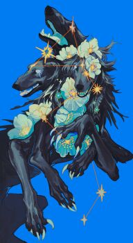 absurdres animal_focus black_fur blue_background claws constellation dog extra_legs fangs flower flower_in_eye fur highres multiple_heads nightcrow no_humans open_mouth original simple_background solo star_(symbol) star_in_eye symbol_in_eye