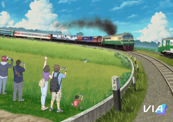 1girl 5boys absurdres aldo_(yudhacakranidji) arm_up backpack bag beanie black_bag black_hair black_jacket black_shirt black_shoes blue_pants blue_shirt blue_shoes blue_sky brown_hat brown_shorts bush cellphone cloud commentary crossbody_bag cumulonimbus_cloud day denim english_commentary fanny_pack field grass grey_shoes hand_on_another's_shoulder hat helmet highres holding holding_phone hood hood_down jacket jeans locomotive looking_at_train manchester_united motorcycle_helmet multiple_boys multiple_unit_train nayla_(yudhacakranidji) no_socks on_grass original outdoors pants phone purple_shirt railroad_tracks scenery shirt shoes short_hair shorts sitting sky smartphone smoke smoke_trail sneakers socks standing steam_locomotive sweatband taking_picture train watch waving white_socks wide_shot wristband wristwatch yudhacakranidji