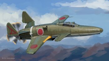 1other aircraft airplane alternate_universe cloud cockpit commentary dieselpunk flying highres hozumi_sousei imperial_japanese_army military military_vehicle mountainous_horizon original pilot propeller propeller_fighter signature sky solo vehicle_focus