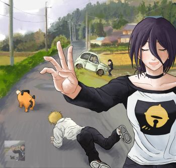 1boy 3girls black_choker black_hair black_jacket black_pants black_shorts black_sleeves blonde_hair breasts cat chainsaw_man choker closed_eyes collared_shirt crawling creature denji_(chainsaw_man) grenade_pin hair_bun hashtag-only_commentary higashiyama_kobeni highres horns jacket long_sleeves medium_breasts medium_hair meme multiple_girls open_mouth otataru0806 outdoors outstretched_hand pants pochita_(chainsaw_man) power_crashes_kobeni&#039;s_car_(meme) power_lines print_shirt purple_hair reference_inset reze_(chainsaw_man) road shirt shoes short_hair shorts smile sneakers sweatdrop updo white_shirt