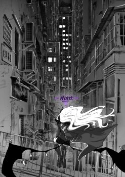 1girl absurdres armband blue_archive boots building city city_lights coat coat_on_shoulders commentary condenser_unit demon_girl demon_horns demon_wings english_commentary from_behind fur-trimmed_coat fur_trim greyscale halo highres hina_(blue_archive) horns knee_boots long_hair monochrome multiple_horns on_railing outdoors purple_halo railing scenery sign sitting skirt skyscraper solo spot_color urban white_hair window_light wings yihee_bttle