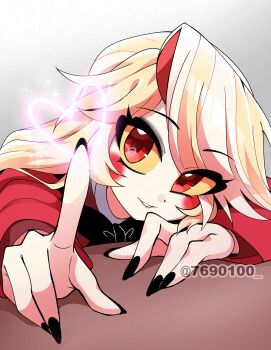 1girl :d absurdres black_bow black_bowtie black_nails blonde_hair bow bowtie charlie_morningstar circle_facial_mark collared_shirt colored_sclera commentary_request curtained_hair eyes_visible_through_hair fingernails grey_background grin hair_over_shoulder hands_on_table hazbin_hotel heart heart_in_eye hellaverse highres index_finger_raised jacket layered_sleeves leaning_forward long_fingernails long_hair long_sleeves looking_at_viewer menattou multicolored_hair open_mouth pale_skin parted_lips pointing pointing_at_viewer portrait red_eyes red_hair red_jacket shirt simple_background smile solo sparkle swept_bangs symbol_in_eye table twitter_username two-tone_hair uneven_eyes white_shirt yellow_sclera