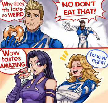 beard bodysuit closed_eyes donut earrings facial_hair facial_tattoo fantastic_four food highres jewelry johnny_storm marvel marvel_rivals neggoartz psylocke_(marvel_rivals) reed_richards speech_bubble sue_storm tattoo when_you_see_it x-men