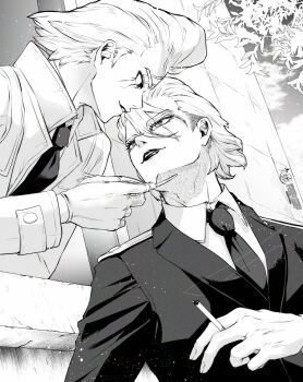 2boys absurdres cigarette coat collared_shirt dr._stone epaulettes eye_contact formal_clothes gloves greyscale hair_between_eyes hair_slicked_back highres holding holding_cigarette jacket lapels long_sleeves looking_at_another makeup male_focus mitsuru_(aica_hikari) monochrome multiple_boys necktie outdoors parted_lips scar shirt short_hair smile smoke smoking stanley_snyder_(dr.stone) suit upper_body xeno_(dr.stone) yaoi