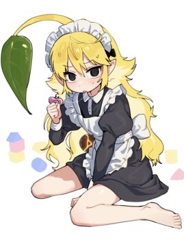 1girl absurdres apron black_eyes blonde_hair bomb_rock highres hufy humanization leaf leaf_on_head long_hair looking_at_viewer maid maid_apron maid_headdress nintendo pacifier pikmin_(creature) pikmin_(series) saliva sitting solo sweat toy toy_block wariza yellow_pikmin