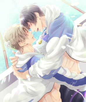 2boys absurdres black_hair black_male_swimwear brown_hair closed_eyes commentary_request fingernails free! hair_behind_ear highres hood hood_down hooded_jacket hug jacket light_particles long_sleeves male_focus male_swimwear medal multicolored_jacket multiple_boys nanase_haruka_(free!) parted_bangs pool profile tachibana_makoto tears toned toned_male tsuiri_siroiro two-tone_jacket yaoi