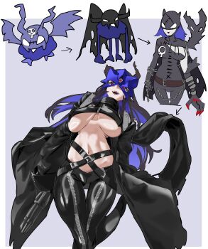 absurdres beelstarmon black_coat black_pants breasts coat colored_skin covered_eyes daaku_(koizumi_arata) devimon digimon digimon_(creature) digimon_adventure digimon_story:_time_stranger eye_mask gloves grey_skin gun helmet helmet_over_eyes highres ladydevimon large_breasts leather_suit long_hair mask multiple-barrel_gun navel pants simple_background third_eye underboob weapon wings