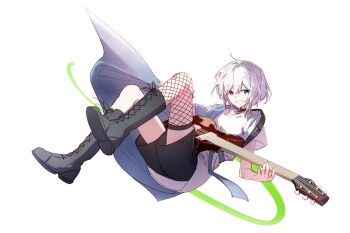 Rule 34 | 1girl, bang dream!, bang dream! it's mygo!!!!!, black boots, black choker, black shorts, blue eyes, boots, choker, electric guitar, fishnet thighhighs, fishnets, guitar, heterochromia, hibioes, highres, instrument, kaname raana, looking at viewer, open mouth, shirt, short hair, short sleeves, shorts, simple background, single thighhigh, solo, thighhighs, white background, white hair, white shirt, yellow eyes