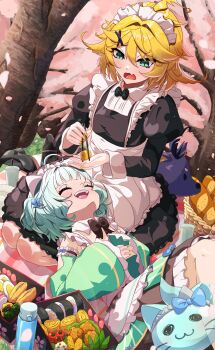 Rule 34 | 2girls, ahoge, apron, aqua hair, bento, black bow, black bowtie, black dress, blonde hair, blue eyes, blush, bow, bowtie, brown skirt, cherry blossoms, chopsticks, closed eyes, commentary, detached sleeves, doki amber doge (dokibird), dokibird, dress, embarrassed, falling petals, fang, feather hair, feeding, flat chest, food, from above, gradient hair, green dress, green sleeves, hair between eyes, hair ornament, hair wings, hanami, highres, holding, holding chopsticks, indie virtual youtuber, itsuki (itsukii en), juliet sleeves, juubako, lap pillow, long sleeves, looking at another, looking down, maid, maid apron, maid headdress, mint fantome, mint fantome (minto 2.0), multicolored hair, multiple girls, omelet, open mouth, outdoors, petals, puffy sleeves, shirt, shirt under dress, short hair, skin fang, skirt, skirt under dress, sleeveless, sleeveless dress, slit pupils, spiked hair, striped clothes, striped dress, tamagoyaki, triangular headpiece, two side up, vertical-striped clothes, vertical-striped dress, virtual youtuber, waist apron, wavy hair, wavy mouth, white apron, white shirt, wisps (mint fantome), x hair ornament, yuri