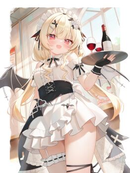 Rule 34 | 1girl, absurdres, armband, asymmetrical wings, black bow, black gloves, black wings, blonde hair, blush, border, bottle, bow, cake, chain, commentary request, cup, demon wings, dress, drinking glass, fingerless gloves, food, gloves, heart, highres, indoors, irregular border, long hair, looking at viewer, maid, maid headdress, mismatched wings, open mouth, original, pointy ears, polecat (pixiv 31682054), poster (object), red eyes, skindentation, sleeveless, sleeveless dress, thick thighs, thigh strap, thighs, tray, vampire, white dress, white wings, window, wine bottle, wine glass, wings