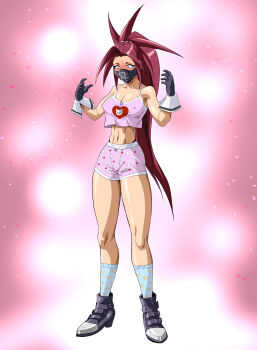 Rule 34 | 1girl, absurdres, animal print, armpits, artist request, black mask, blush, boots, bow camisole, boyshort panties, breasts, camisole, capcom, cat print, character name, cleavage, unworn clothes, covered erect nipples, delinquent, duck print, embarrassed, eyelashes, female focus, full body, gloves, gradient background, groin, hands up, heart, heart print, highres, zaki (justice gakuen), justice gakuen, legs, long hair, looking down, mask, matching underwear, medium breasts, midriff, moero! justice gakuen, mouth mask, name tag, navel, neck, panties, parted bangs, pink camisole, pink panties, ponytail, print camisole, print panties, print socks, purple eyes, red hair, shiny clothes, shiny skin, sidelocks, socks, spiked hair, standing, thighs, tsundere, underwear, underwear only, very long hair