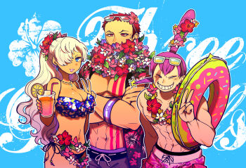 1girl 2boys abs armband bare_pectorals bikini blonde_hair blue_eyes breasts brother_and_sister brothers carrying charlotte_cracker charlotte_katakuri charlotte_smoothie chest_tattoo cleavage closed_eyes closed_mouth collarbone covered_mouth crossed_arms cup drinking_glass drinking_straw earrings eyewear_on_head flower flower_necklace frilled_bikini frills grin hair_bun hair_flower hair_ornament hair_over_one_eye hand_in_pocket hand_up hands_up hawaiian_shirt highres holding holding_cup holding_drinking_glass innertube jewelry kinakotatu leaning_forward lei lips long_hair looking_at_another looking_at_viewer male_swimwear multiple_boys muscular muscular_male navel necklace no_eyebrows one_piece open_clothes open_shirt pectorals ponytail purple_hair purple_male_swimwear purple_swim_trunks red_eyes red_hair scar shirt short_hair siblings single_hair_bun smile standing stitches stomach stomach_tattoo sunglasses swim_ring swim_trunks swimsuit tan tattoo topless_female topless_male upper_body v wide_ponytail