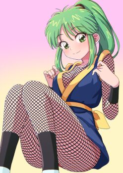 Rule 34 | 1girl, blue kimono, bodystocking, breasts, cleavage, collarbone, commentary, convenient leg, fishnet bodystocking, fishnets, gradient hair, green eyes, green hair, hakuino hakase, high ponytail, highres, japanese clothes, kimono, looking at viewer, multicolored hair, original, pink background, ponytail, sidelocks, smile, solo, two-tone background, yellow background