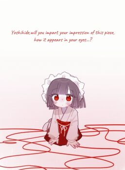 1girl aged_down baby black_hair blunt_bangs blunt_ends bonnet child commentary english_commentary english_text full_body highres limbus_company looking_at_viewer project_moon red_eyes red_skirt ryoshu_(project_moon) sitting skirt solo string warmiikhaen white_background white_bonnet wide-eyed