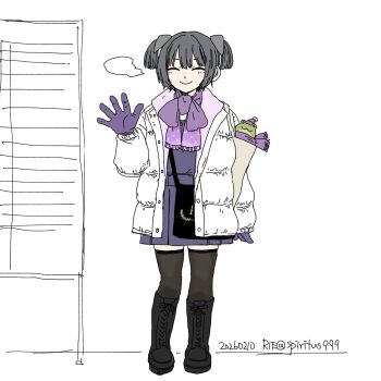 Rule 34 | 1girl, alternate costume, bag, black boots, black thighhighs, boots, bow, closed eyes, coat, commentary request, dated, facing viewer, full body, gloves, grey hair, headgear, highres, i-36 (kancolle), kantai collection, lace-up boots, purple bow, purple gloves, rie (lierra), scarf, scarf bow, short hair, smile, solo, thighhighs, twintails, twitter username, white coat, winter clothes, winter coat