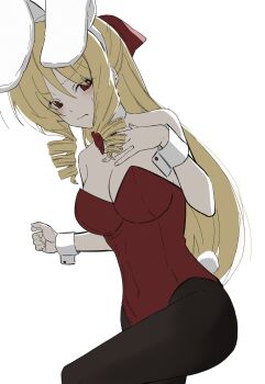 1girl absurdres ahoge blonde_hair blush bow breasts cleavage collarbone covered_navel detached_collar drill_hair hayate_no_gotoku! highleg highres large_breasts leg_up long_hair pantyhose playboy_bunny rabbit_ears rabbit_tail red_eyes solo ten_8810 tennousu_athena