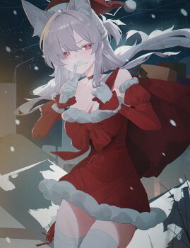 1girl akira_(blue_archive) alternate_costume animal_ear_fluff animal_ears bare_shoulders blue_archive blush bow box breasts cat_ears cat_girl choker christmas cleavage closed_mouth collarbone colored_eyelashes commentary_request cowboy_shot detached_sleeves dress fake_facial_hair fake_mustache finger_to_mouth fur-trimmed_dress fur-trimmed_headwear fur-trimmed_sleeves fur_trim gift gift_box gloves halo hands_up hat highres holding holding_sack juliet_sleeves large_breasts long_hair long_sleeves looking_at_viewer night outdoors pink_halo puffy_sleeves raised_eyebrow red_bow red_choker red_dress red_eyes red_hat sack santa_costume santa_dress santa_hat shushing sla2h_help snowing solo thighhighs white_eyelashes white_gloves white_hair white_thighhighs