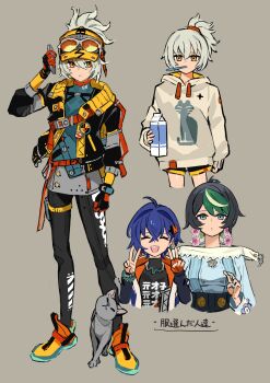 3girls alternate_costume animal atory_totory belle_(zenless_zone_zero) black_hair black_jacket black_leggings black_shorts blue_eyes cat cellphone closed_eyes commentary_request crossed_bangs double_v drink_carton eyewear_on_headwear full_body gloves grey_background hair_between_eyes hair_ornament hat highres holding holding_milk_carton holding_phone hood hood_down hoodie jacket leggings milk_carton multicolored_hair multiple_girls multiple_views open_clothes open_jacket orchidea_(zenless_zone_zero) phone ponytail shoes short_hair shorts simple_background smartphone soldier_11_(zenless_zone_zero) standing sunglasses toothbrush toothbrush_in_mouth translation_request v zenless_zone_zero