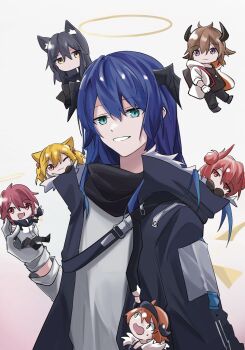 1boy 6+girls animal_ears arknights bird_ears bison_(arknights) black_capelet black_footwear black_hair black_jacket black_legwear black_shirt blonde_hair blue_eyes blue_hair bow brown_hair capelet chibi chinese_commentary closed_mouth commentary_request cow_horns croissant_(arknights) demon_horns detached_wings energy_wings exusiai_(arknights) fallen_angel fiammetta_(arknights) fur-trimmed_hood fur_trim gloves hair_bow halo hibioes highres hood hooded_jacket horns jacket long_hair mostima_(arknights) multiple_girls one_eye_closed open_clothes open_jacket open_mouth pantyhose penguin_logistics_(arknights) purple_eyes red_eyes red_hair shirt short_hair smile sora_(arknights) texas_(arknights) white_gloves white_jacket white_shirt wings wolf_ears wolf_girl yellow_eyes