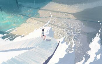 1other above_clouds absurdres barefoot beach black_hair black_shorts cityscape cloud day feitu233 from_above full_body highres mini_person original outdoors rain scenery shadow shirt short_hair shorts solo stairs walking water white_shirt