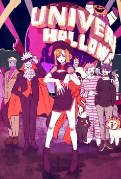 2girls 6+boys animal animal_ears arms_up bandages black_dress black_hair blonde_hair boots cape choker commentary_request dog dress fake_animal_ears full_body fushiguro_megumi getou_suguru glasses gojou_satoru gyokuken half_updo halloween hanami_(jujutsu_kaisen) hand_in_pocket hat highres inumaki_toge itadori_yuuji jujutsu_kaisen kugisaki_nobara looking_at_viewer mahito_(jujutsu_kaisen) multiple_boys multiple_girls nanami_kento orange_hair panda_(jujutsu_kaisen) pink_hair pumpkin red_eyes red_nails red_sash sash scar scar_on_face sharp_teeth short_hair smile swept_bangs takeuchi_ryousuke teeth tongue tongue_out vest waistcoat white_hair witch_hat wolf zen'in_maki zombie