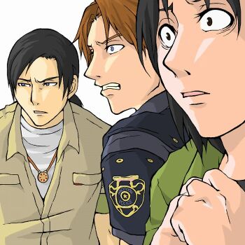 1girl 2boys black_hair brown_hair capcom david_king kevin_ryman multiple_boys police resident_evil resident_evil_outbreak yoko_suzuki
