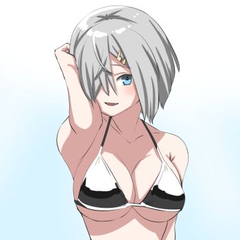 1girl 30-06 bikini blue_background blue_eyes bob_cut breasts cleavage commentary_request gradient_background grey_hair hair_ornament hair_over_one_eye hairclip hamakaze_(kancolle) inverted_bob kantai_collection large_breasts looking_at_viewer short_hair silver_bikini smile solo swimsuit upper_body