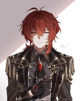 ... 1boy black_gloves closed_eyes closed_mouth commentary_request diluc_(genshin_impact) facing_viewer genshin_impact gloves hair_between_eyes highres light_smile long_hair male_focus red_eyes red_hair solo spoken_ellipsis upper_body zehuij