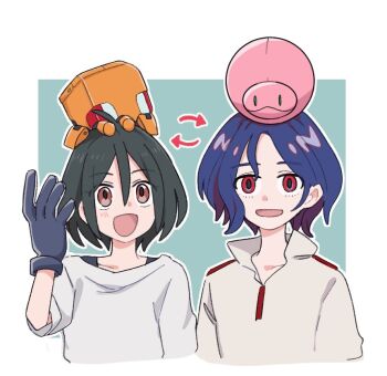 Rule 34 | 2boys, ahoge, aqua background, bellri zenam, bellri zenam (cosplay), black hair, blue hair, brown eyes, colored inner hair, cosplay, costume switch, gloves, gundam, gundam g no reconguista, gundam gquuuuuux, hair between eyes, haro, in-franchise crossover, looking at viewer, lower eyelashes only, male focus, multicolored hair, multiple boys, non-humanoid robot, open mouth, purple hair, red eyes, robot, sbr ghn, shirt, short hair, shuji ito, shuji ito (cosplay), simple background, smile, two-tone hair, white background, white shirt