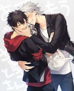 2boys adam's_apple aohitsugi_samatoki aohitsugi_samatoki_(tdd_era) asahi_breweries bag bandana bandana_around_arm beer_can black_hair black_jacket black_pants blue_pants blush can captive_bead_ring choppy_bangs closed_eyes collarbone cowboy_shot denim drink_can drunk ear_piercing earrings fang floating_clothes from_behind grey_background grin hair_between_eyes hair_slicked_back hand_on_another's_back hand_on_another's_face hands_up heads_together highres holding holding_bag holding_can hood hood_down hoodie hypnosis_mic jacket jacket_over_hoodie jeans jewelry leather leather_jacket legs_apart loose_hair_strand male_focus mole mole_under_eye multiple_boys multiple_piercings musical_note official_alternate_costume open_clothes open_jacket open_mouth orang_333 pants piercing red_bandana red_hoodie rejected_kiss shirt shopping_bag short_hair shy skin_fang sleeves_rolled_up smile squeans stud_earrings translation_request turning_head v-shaped_eyebrows watermark white_hair white_shirt yamada_ichiro yamada_ichiro_(tdd_era) yaoi