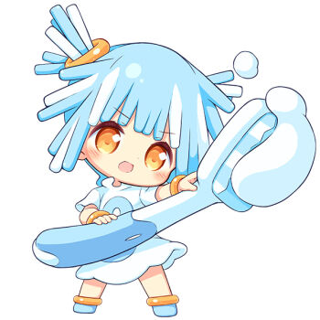 Rule 34 | 1girl, :d, aikei ake, blue hair, blue shoes, blush, chibi, commentary request, dress, full body, holding, holding toothbrush, multicolored hair, open mouth, orange eyes, original, personification, shoes, short sleeves, simple background, smile, solo, standing, toothbrush, toothpaste, two-tone hair, v-shaped eyebrows, white background, white dress, white hair