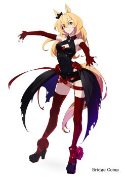 1girl adapted_costume animal_ears bare_shoulders belt black_boots black_leotard black_scrunchie black_shorts blonde_hair boots breasts bridge_comp_(umamusume) ear_scrunchie elbow_gloves fingerless_gloves flower full_body gloves gradient_hair hair_between_eyes high_heels highres horse_ears horse_girl horse_tail hp23 leotard long_hair looking_at_viewer medium_breasts multicolored_hair pink_hair red_belt red_flower red_gloves red_rose red_thighhighs rose scrunchie short_shorts shorts simple_background smile standing tail thighhighs umamusume umayuru white_background yellow_eyes