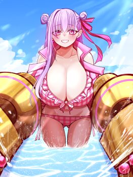 Rule 34 | 1girl, absurdres, bare shoulders, beach, bikini, blue sky, blush, breasts, claw (weapon), cleavage, clothing cutout, commentary request, fate/grand order, fate (series), grin, hair ribbon, highres, huge breasts, jacket, long hair, long sleeves, looking at viewer, mcpc zamurai, navel, ocean, passionlip (fate), passionlip (swimsuit saber) (first ascension) (fate), pink bikini, pink eyes, pink jacket, pink ribbon, purple hair, ribbon, shoulder cutout, sky, smile, solo, swimsuit, thighs, very long hair, water, waves, weapon