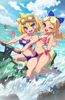 3girls absurdres bare_shoulders barefoot beach bikini bird blonde_hair blue_bikini blue_bow blue_eyes blue_sky bob_cut bow breasts clear_sky cleavage_cutout clothing_cutout cloud day eyeball facepaint glasses glasses_on_head goggles goggles_on_head hair_between_eyes hair_bow heart highres island jet_ski large_breasts life_is_pi looking_at_viewer medium_breasts multiple_girls navel ocean one_eye_closed parted_bangs red_bikini red_eyes riding rock seagull shantae shantae_(series) short_hair sidelocks sky splashing squid_baron starfish striped_bikini striped_clothes swimsuit thighs twintails twitch_(shantae) underboob vinegar_(shantae) water watercraft waving wayforward wet wet_clothes wet_hair wet_swimsuit wide_hips wink