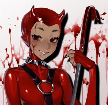 Rule 34 | 1girl, :d, bansheeiso, blood, blood on face, blood splatter, bloody weapon, bodysuit, breasts, choker, cleavage, commentary, crowbar, demon horns, english commentary, grin, holding, holding crowbar, horns, looking at viewer, o-ring, open mouth, original, red bodysuit, skin tight, smile, smirk, solo, upper body, weapon