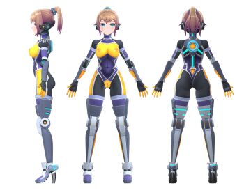 1girl 3d agent_mirai arms_at_sides ass black_bodysuit blue_bodysuit blue_eyes bodysuit boots breasts brown_hair cameltoe closed_mouth covered_erect_nipples covered_navel full_body gluteal_fold headphones high_heel_boots high_heels highres looking_at_viewer medium_breasts mirai_(agent_mirai) multicolored_bodysuit multiple_views open_hands ponytail reference_sheet skin_tight standing umaaji_lady_mk2 white_background yellow_bodysuit