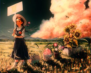 1girl asagi_iro bird black_dress braid brooch chromatic_aberration cloud commentary_request cumulonimbus_cloud dress flower flower_brooch food grass hat highres holding holding_sign incense_burner jewelry kayari_buta landscape morning_glory mountainous_horizon original outdoors pinafore_dress plant potted_plant shaved_ice shirt short_sleeves sign sky sleeveless sleeveless_dress standing sunflower twin_braids white_shirt