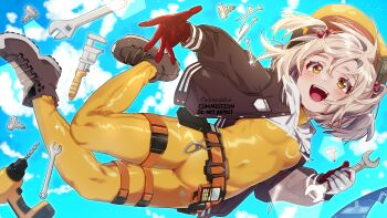 1girl :d absurdres adjustable_wrench blonde_hair blush bodysuit boots breasts brown_jacket covered_navel gloves goddess_of_victory:_nikke hair_ornament hanaberin hard_hat helmet highres holding hood hoodie jacket liter_(nikke) open_mouth petite red_gloves short_hair short_twintails small_breasts smile solo tool_belt tools twintails two-tone_gloves white_gloves white_hoodie wrench yellow_bodysuit yellow_eyes