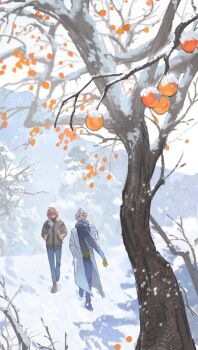 2boys absurdres alternate_costume antenna_hair bare_tree black_sweater blonde_hair blue_eyes blue_gloves blue_pants blue_scarf boots brown_boots brown_jacket coat earmuffs facial_tattoo food fruit gloves gradient_hair hand_in_pocket highres honkai:_star_rail honkai_(series) jacket kiraandfriends male_focus multicolored_hair multiple_boys mydei_(honkai:_star_rail) outdoors pants parted_bangs persimmon persimmon_tree phainon_(honkai:_star_rail) red_hair red_tattoo scarf short_hair snow snow_on_tree snowing sweater tattoo tree turtleneck turtleneck_sweater white_coat white_hair winter_clothes yellow_eyes