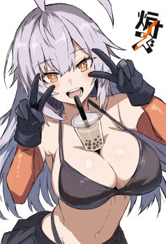 1girl bikini black_bikini black_gloves black_skirt breasts bubble_tea bubble_tea_challenge double_v girls&#039;_frontline gloves hair_between_eyes highres large_breasts long_hair looking_at_viewer navel orange_eyes purple_hair r_scrubed skirt solo spectre_m4_(girls&#039;_frontline) swimsuit v white_background