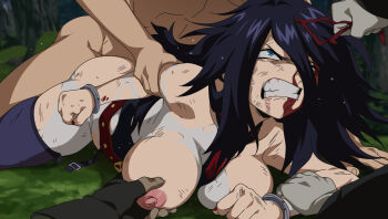 1girl 3boys angry assisted_rape bare_shoulders black_hair blood blood_on_face blue_eyes bodysuit boku_no_hero_academia breasts clenched_hands clenched_teeth cuffs defeat domino_mask eye_mask forest glaring grabbing_another&#039;s_arm grabbing_another&#039;s_breast grass groping groping_breast handcuffs hetero imminent_gangbang implied_penetration implied_sex injury jcm2 large_breasts long_hair lying mask midnight_(boku_no_hero_academia) multiple_boys nature nipples on_ground on_stomach one_breast_out outdoors pinned prone_bone rape sex sex_from_behind skin_tight solo_focus teeth thighhighs torn_bodysuit torn_clothes