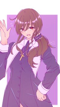 Rule 34 | 1girl, absurdres, blush, brown eyes, brown hair, cross, cross necklace, hair ornament, hair scrunchie, hand on own hip, highres, jewelry, mole, mole under mouth, necklace, nervous sweating, noel (tsukihime), nun, purple background, scrunchie, side ponytail, standing, sweat, tam002, tsukihime, tsukihime (remake), waving, wavy hair, wing collar